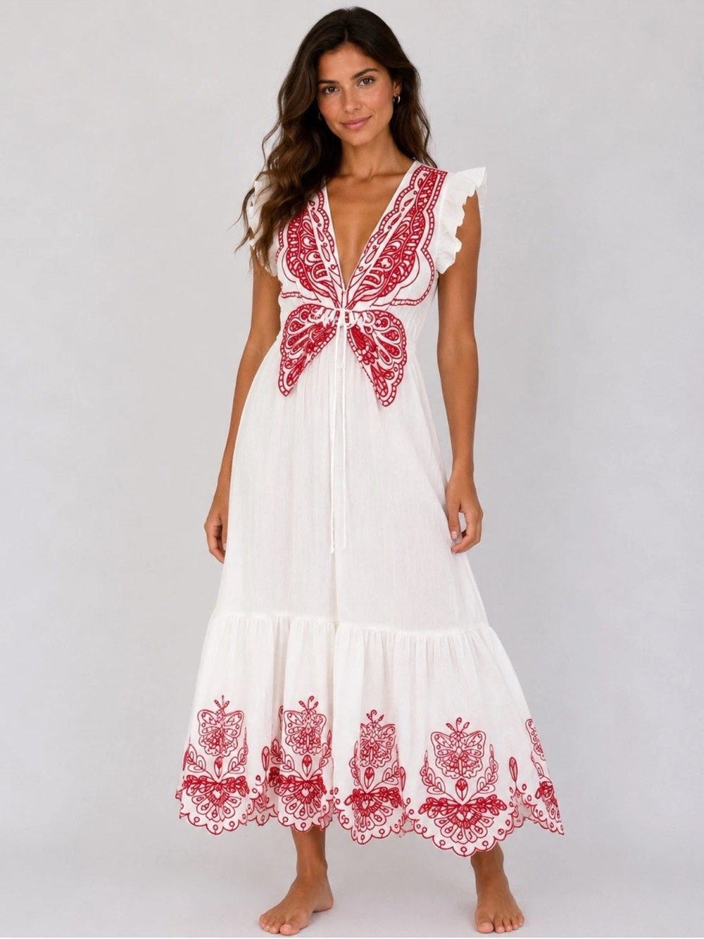 Bohemian White Maxi Dress with Red Embroidered Detail